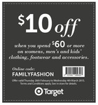 $10 off When You Spend $60 on Clothing, Footwear & Accessories for The Whole Family @ Target