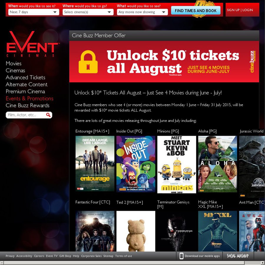 Last chance movie tickets for only $12.50 + free frozen coke @ Event Cinemas Save money with 10 Event Cinemas coupons Australia | Event Cinemas promo code - $8 tickets for members | Get verified coupons now CLEAR We and our partners use cookies and similar technologies to personalize your experience and collect data for tracking, advertising, and analytics purposes.