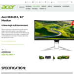 Acer XR342CK, 34" Curved Monitor - $999 + Free Shipping @ Acer Australia