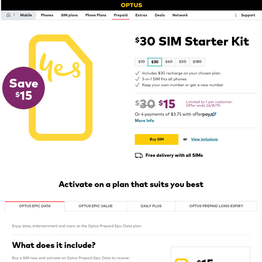 $15 for a $30 Optus Prepaid SIM + Free Delivery @ Optus - OzBargain