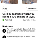 MYER Spend $100 Get $15 Cash Back - Commbank App Rewards