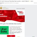 Free $10 Uber Eats Voucher for Budget Direct Rewards Members @ Budget Direct (Activation Required)