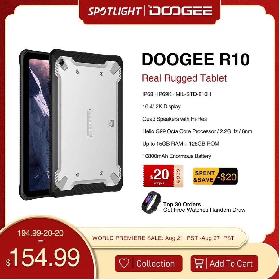 DOOGEE R10 (10.4 2K, 8GB/128GB, IP68, 10800mAh, 4G, Widevine L1) US$159.19  (~A$247.95) Shipped @ DOOGEE Official AliExpress - OzBargain