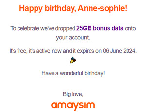 25GB Bonus Data (2 Weeks Expiry) on Your Birthday with Select Mobile Plans @ amaysim