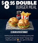 Zinger Burger + Double Tender Burger + Small Chips and Drink for $8.95 @ KFC Web or App Order