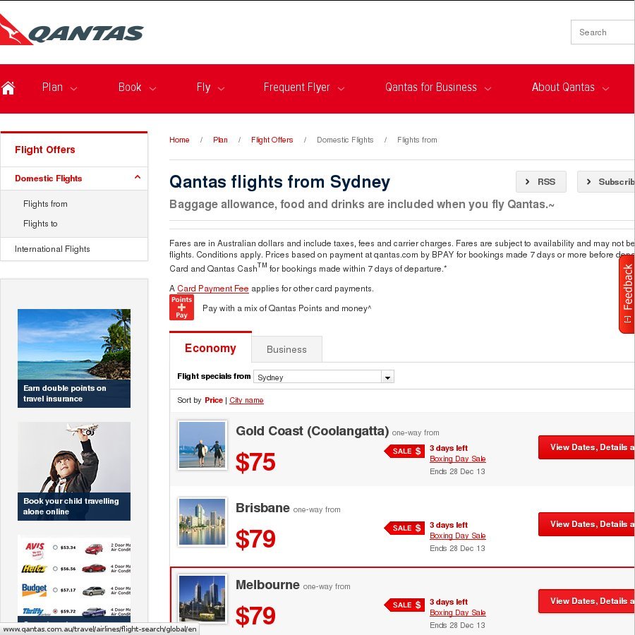 Qantas Boxing Day Sale SYD OOL 75, MEL/BNE 79 + 10 Points Per