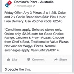 Domino's Any 3 Pizzas + 2*1.25lt Coke + 2 Garlic Bread - $33 Delivered
