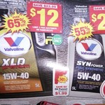 Valvoline XLD 15W-40 5L $12, Synpower 5W-40 $29, Oil Funnel $1.99 @ Autobarn (from 27/2)