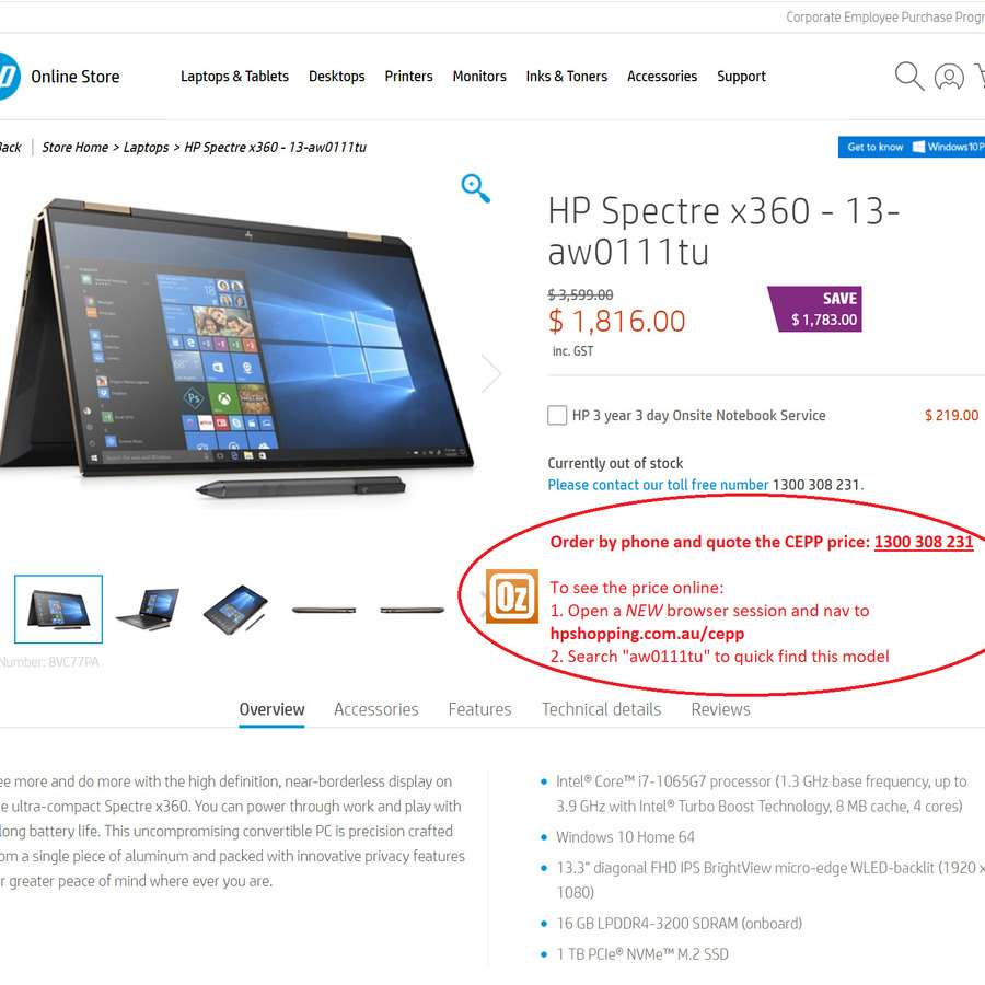 Pre Order Hp Spectre X360 13 Laptop Aw 0111tu I7 1065g7 16gb Ram 1tb Ssd 1816 Usually 3699 Hp Australia Cepp Store Ozbargain