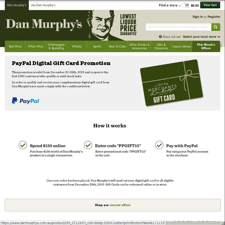 Spend 150 Dan Murphy's & Pay with PayPal to Get a Free 20 Digital