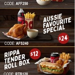 Aussie Fried Feast $25, Aussie Favourite Special $24, Select Boxes $12 (10% Surcharge on Pub Holidays) Delivered @ Red Rooster
