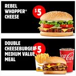 Rebel Whopper with Cheese $5, Medium Double Cheeseburger Meal $5, 2x Whoppers with Cheese $12 @ Hungry Jack's via App