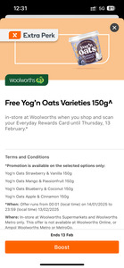 [Everyday Extra] Free Yog'n Oats Varieties 150g @ Woolworths via Everyday Rewards (Boost Required)