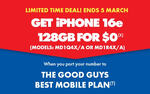 Apple iPhone 16e 128GB $0 Upfront with TGG Mobile $99 Per Month Plan (New/Port-in Customers, in-Store Only) @ The Good Guys