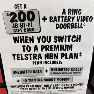 Telstra nbn FTTP/HFC 500/50 $95/M for 6 Months, Bonus $200 JB Hi-Fi Gift Card & Ring Battery Video Doorbell @ JB Hi-Fi In-store
