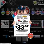 Domino's 3x Any Pizza + 2x Garlic Bread & 2x 1.25l Coke - $33 Delivered