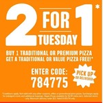 TODAY ONLY - Two for One Tuesday - Buy 1 Traditional or Premium Pizza & Get One Value or Traditional Pizza Free @ Domino's