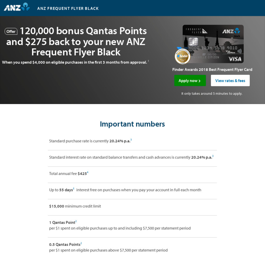 ANZ Frequent Flyer Black Visa Bonus 120K Qantas Points + 275 Cashback