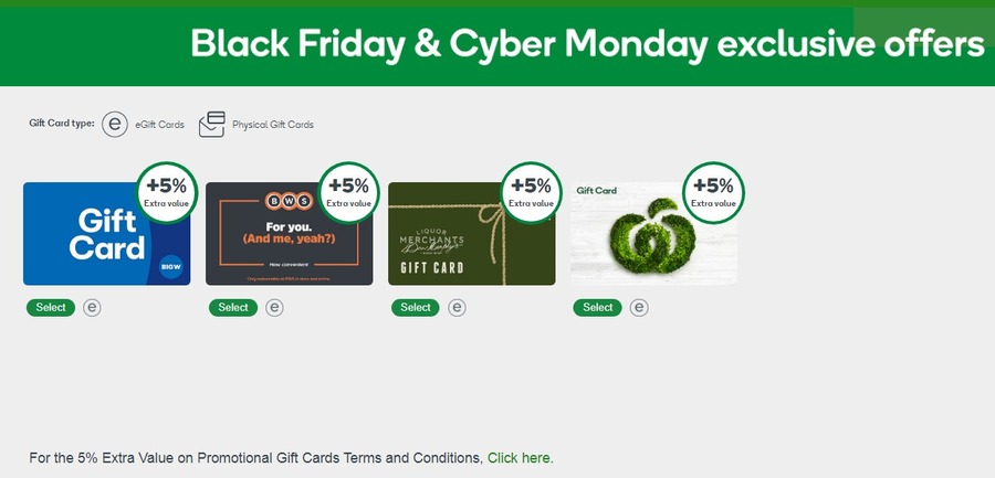 5% bonus value on Woolworths and Big W gift cards on the