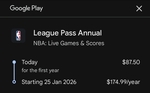 [Android] NBA League Pass Standard A$87.50 for 12 Months using Google Play Store @ NBA App