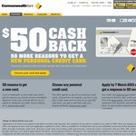 CBA Online Exclusive: $50 Cash Back on All New Personal Credit Cards