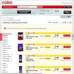 50% off Cadbury Cooking Chocolate Block 220g, Chips 230g, or Melts/Buttons 250g $2.09 @ Coles