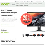 Acer XZ271 - 27" Curved FreeSync FHD LED Monitor $479.20 (Was $599) + Free Shipping @ Acer Australia