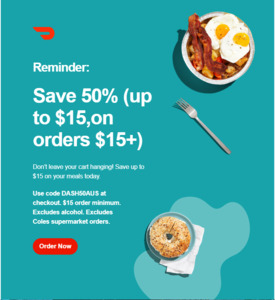 Up to 50% Off ($15 Minimum Spend) on Your First 3 Orders (Maximum $15 Discount, Excludes Coles & Alcohol) @ Doordash