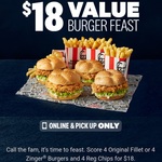 Value Burger Feast (4x Zinger/Original Crispy Burgers & 4x Regular Chips) $18 @ KFC (Online/App & Pickup Only)