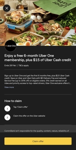 Free 6 Months of Uber One Membership + $5 Uber Credit Per Month for First 3 Months @ CommBank Yello (App Required)