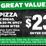 Any Pizza, Garlic Bread, 1.25L Drink + 20 Pk Spicy Kickers Bites - $23.95 Delivered from Domino's
