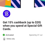 CommBank Rewards: 15% Cashback for 1 Transaction, up to $20 Cap @ Special Gift Cards