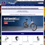 Folding Electric Bike $599, Helmet $19.99, Pump $14.99, Repair Stand $49.99 @ ALDI
