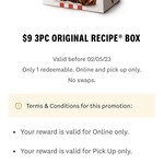 $9 3PC Original Recipe Box (3 Piece Chicken + Reg Chips + Reg Drink + Reg Potato and Gravy + Dinner Roll) Pickup Only @ KFC App