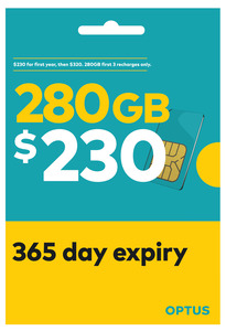 Optus Pre-Paid SIM 12-Month Expiry 280GB $230 ($320 After, 200GB fr. 4th Year) + $100 Cashback via Cashrewards (Expired) @ Optus