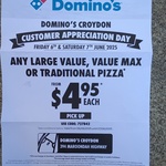 [VIC] Any Large Value, Value Max or Traditional Pizza $4.95 Pick-up @ Domino's, Croydon