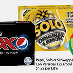 Pepsi, Solo or Schweppes Can Varieties 12x375ml $5.50 @ Woolworths