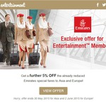 Emirates 5% off Sale fares to Asia and Europe with Entertainment Book