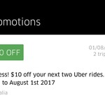 $10 off Next 2 Uber Rides. Valid till 01/08/2017