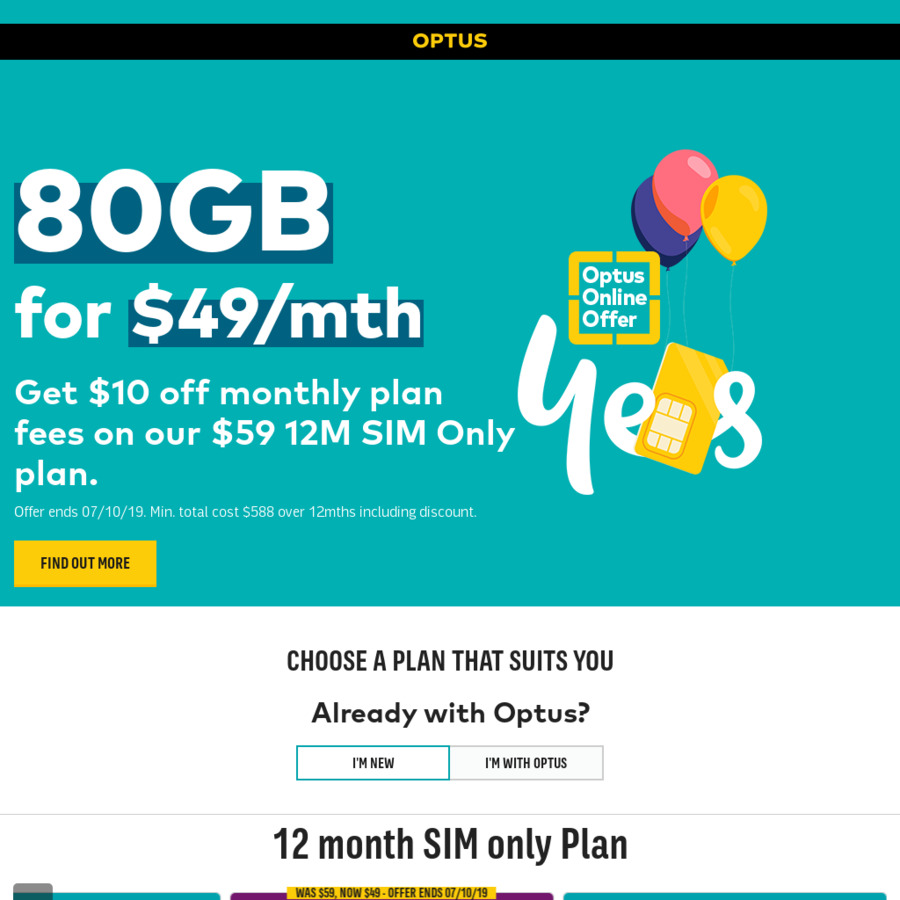 Optus 12 Month Sim Only Plan $49/Month (80GB Data, 2GB Roaming, Unlim