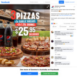 Domino's Australia - 3 Traditional Pizzas, 2x Garlic Bread & 2x 1.25lt Soft Drink $25.95 Delivered (Facebook Required)