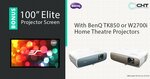 Bonus 100" Elite Projector Screen (Valued at $800) with BenQ TK850 ($3099) & W2700i ($2849) Projectors @ CHT Solutions