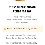 Zinger Burger Combo for 2 (Zinger Burgers, Soft Drinks, Potato Chips) $12.95 (Online & Pickup Only) @ KFC