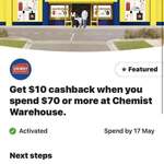 Get $10 Cashback When You Spend $70 or More at Chemist Warehouse @ Commbank Rewards (Activate in App Required)