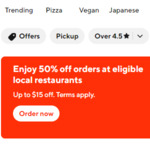 50% off First Order at Select Restaurants (Max $15 Discount, $0 C&C or + Delivery & Service Fees) @ DoorDash