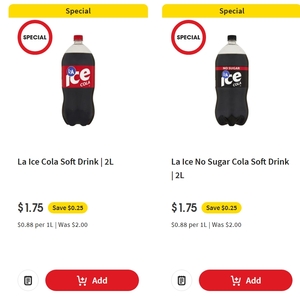 LA Ice Cola & LA Ice Cola No Sugar 2L $1.75 Each @ Coles