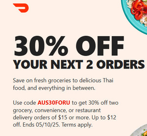30% off Minimum $15 Orders (Maximum $12 off, 2 Uses Per Account, Excludes Alcohol) @ Doordash