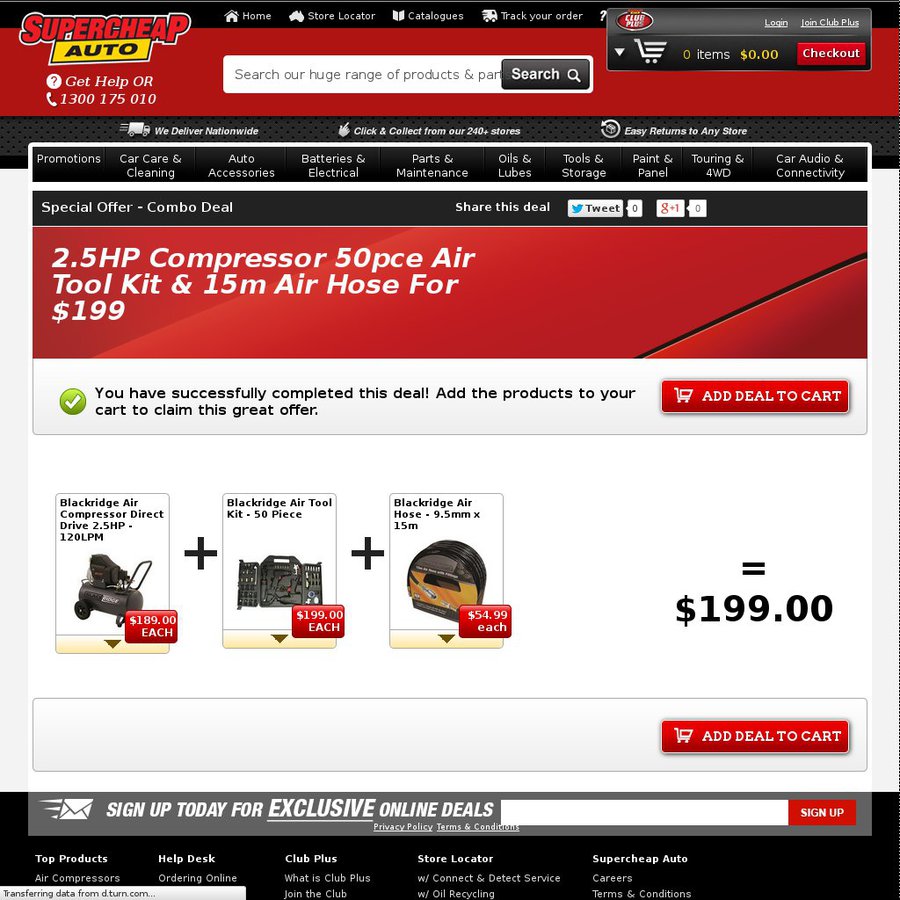 SuperCheap Auto 2.5hp Compressor 50pce Air Tool Kit & 15m Air Hose for 199 OzBargain