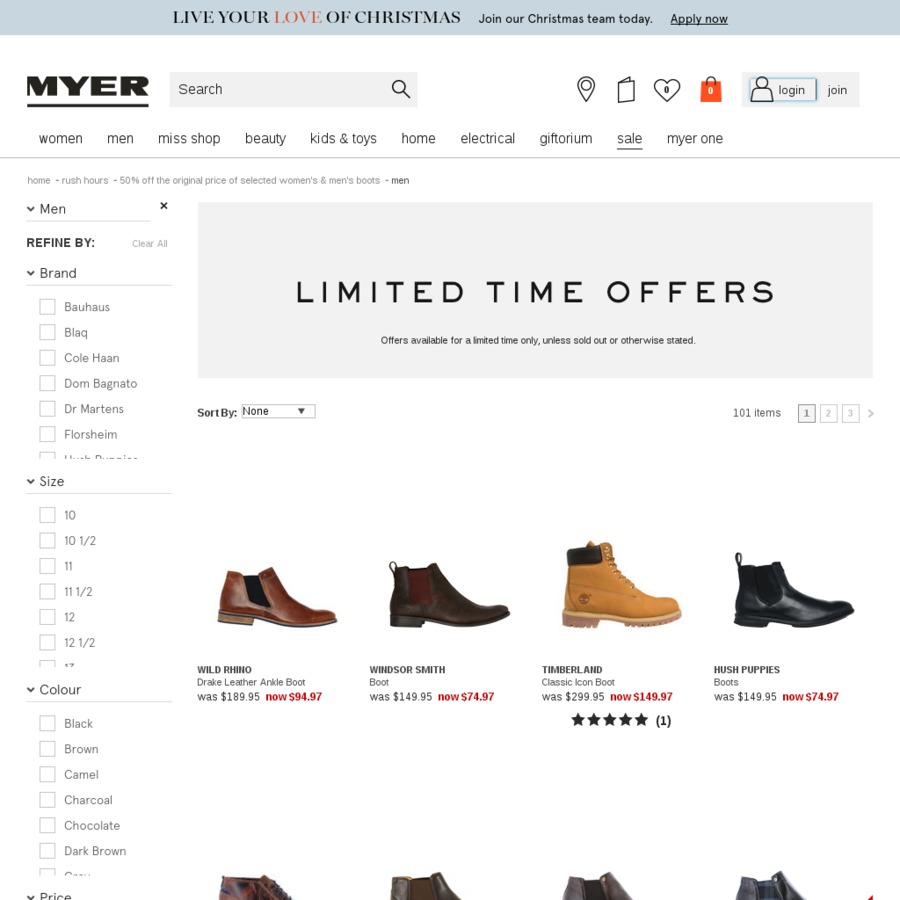 50% off Boots @ Myer (Eg Timberland 