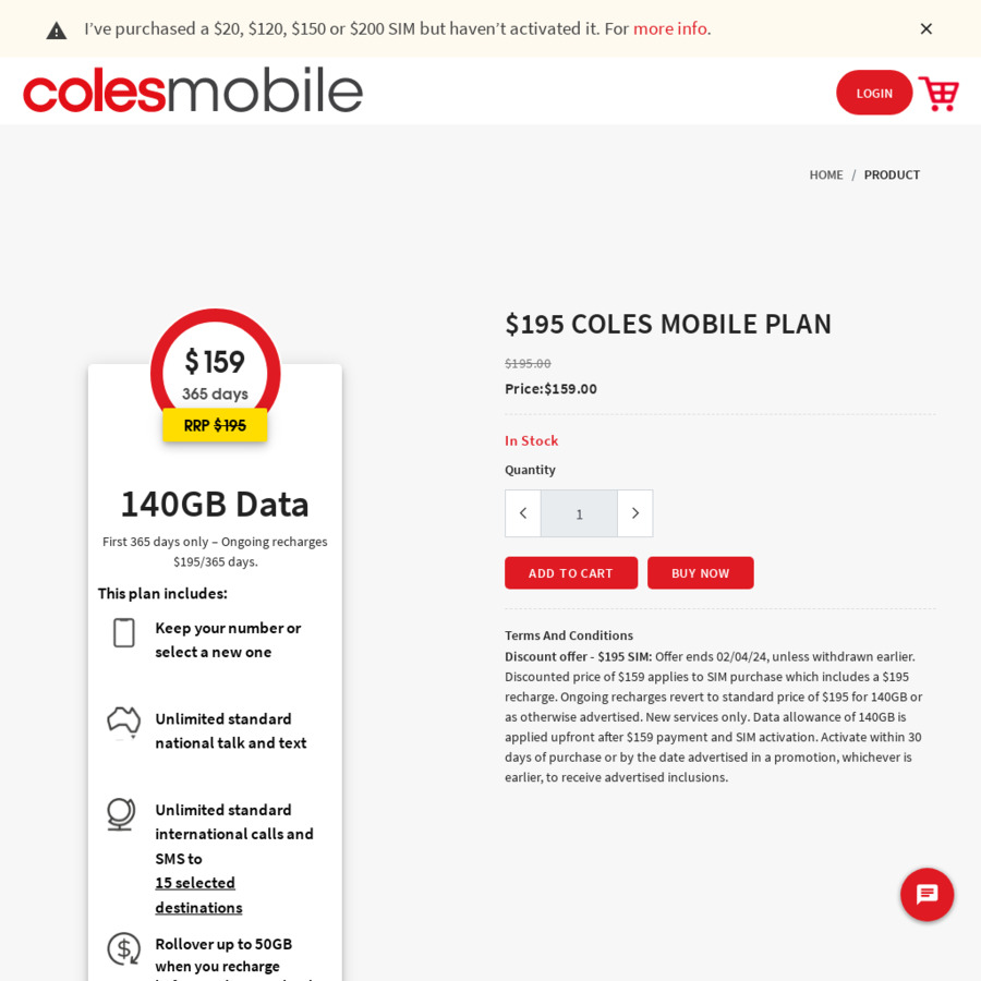 Coles Mobile 365-Day Prepaid SIM: 140GB, Calls to 15 Countries, $159 ...